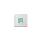 Illustration of Inistearaght lighthouse on an ocean green background,  in a white square frame measuring 10x10cm.