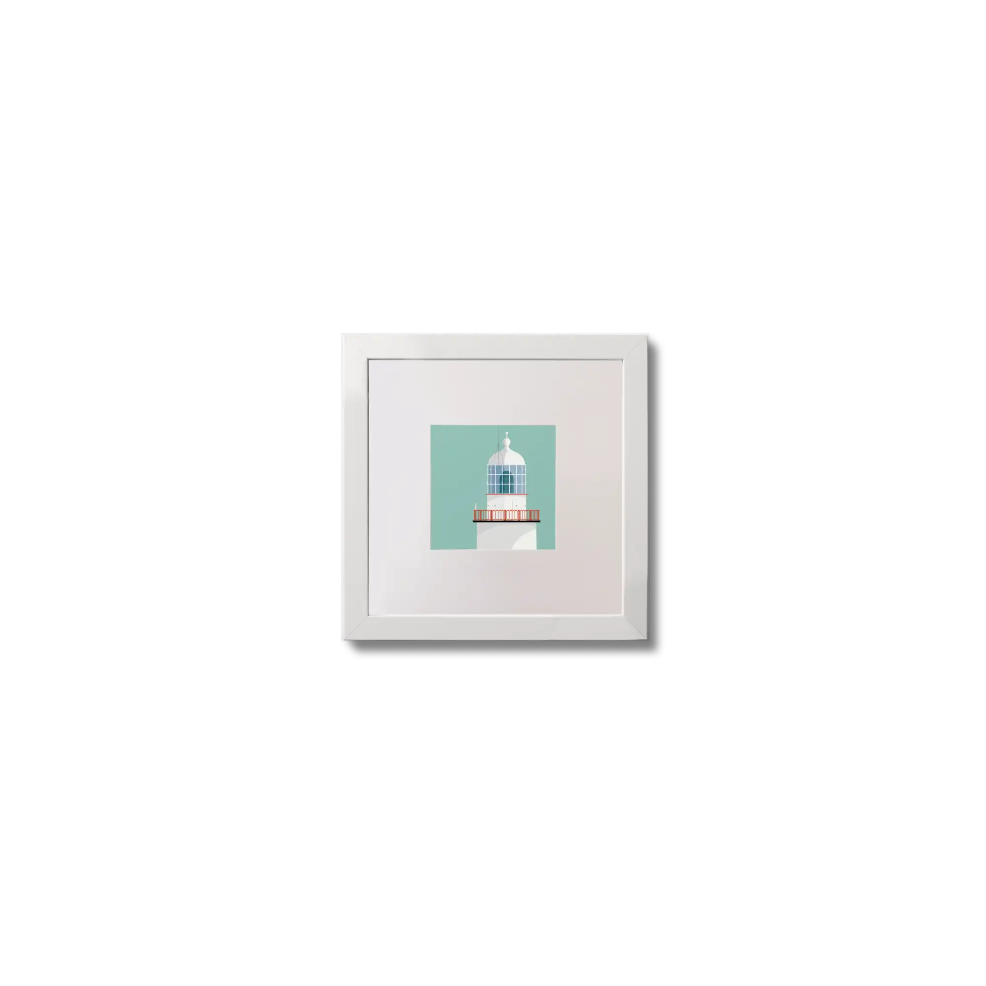 Illustration of Inistearaght lighthouse on an ocean green background,  in a white square frame measuring 10x10cm.