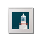 Illustration of Inistearaght lighthouse on a midnight blue background,  in a white square frame measuring 20x20cm.