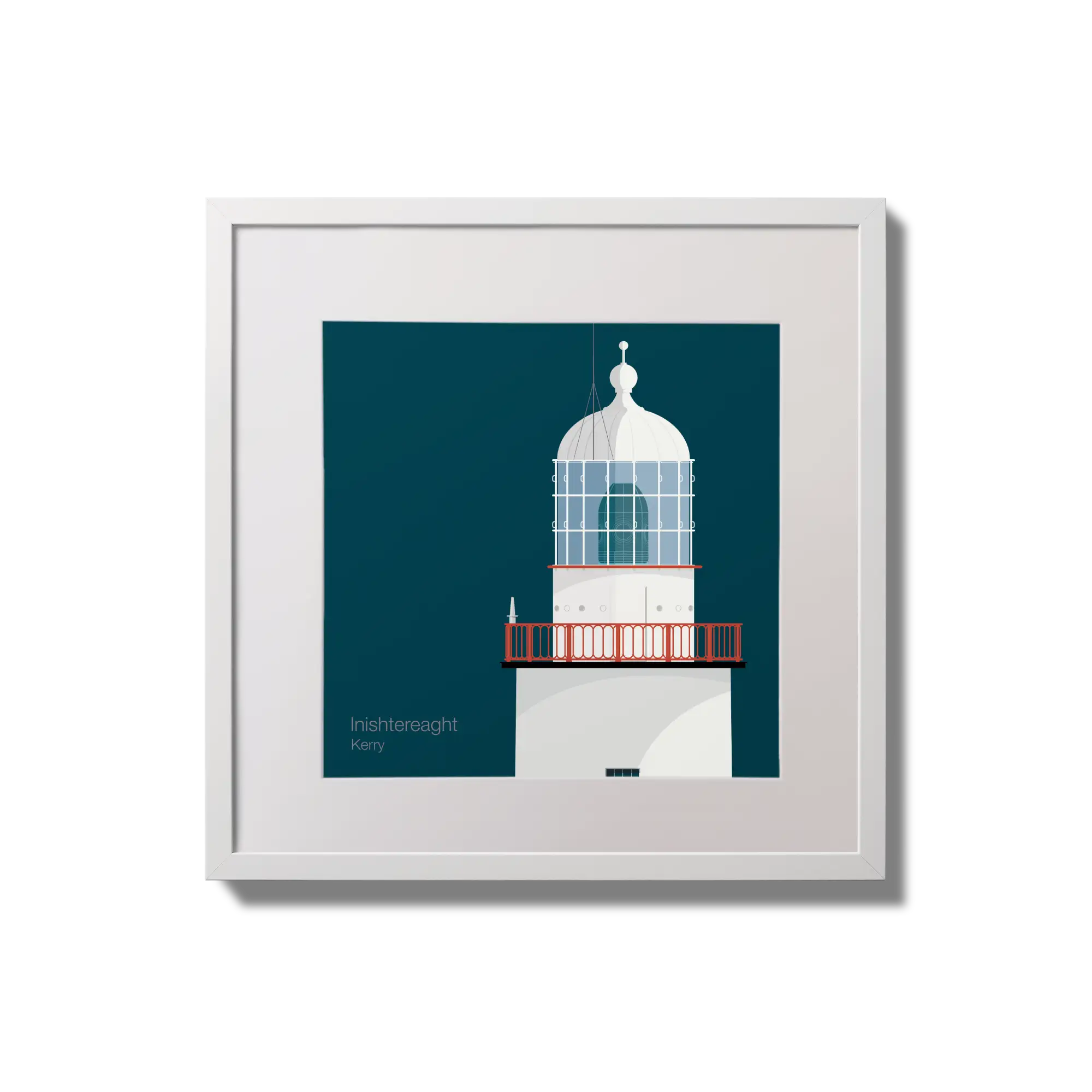 Illustration of Inistearaght lighthouse on a midnight blue background,  in a white square frame measuring 20x20cm.
