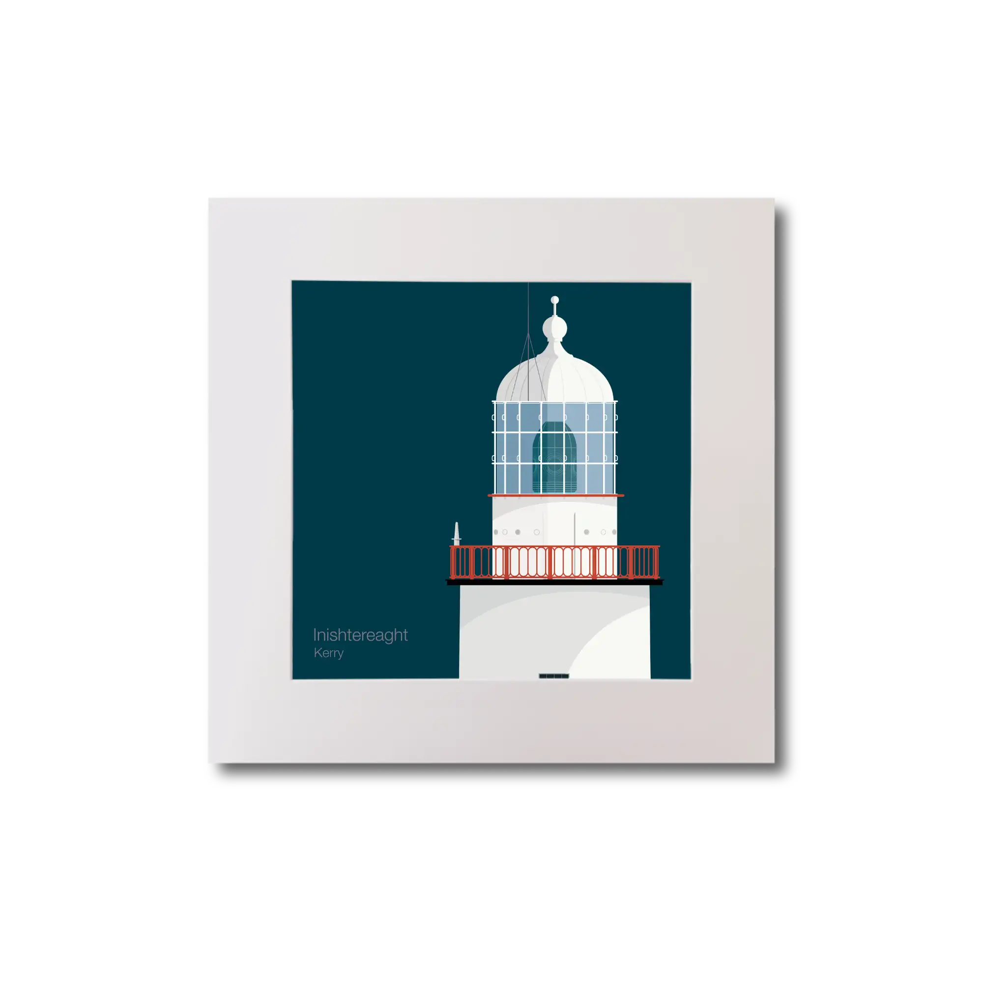 Illustration of Inistearaght lighthouse on a midnight blue background, mounted and measuring 20x20cm.