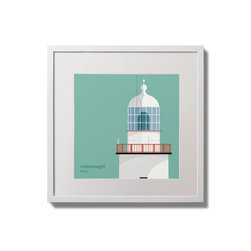Illustration of Inistearaght lighthouse on an ocean green background,  in a white square frame measuring 20x20cm.
