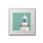 Illustration of Inistearaght lighthouse on an ocean green background,  in a white square frame measuring 20x20cm.