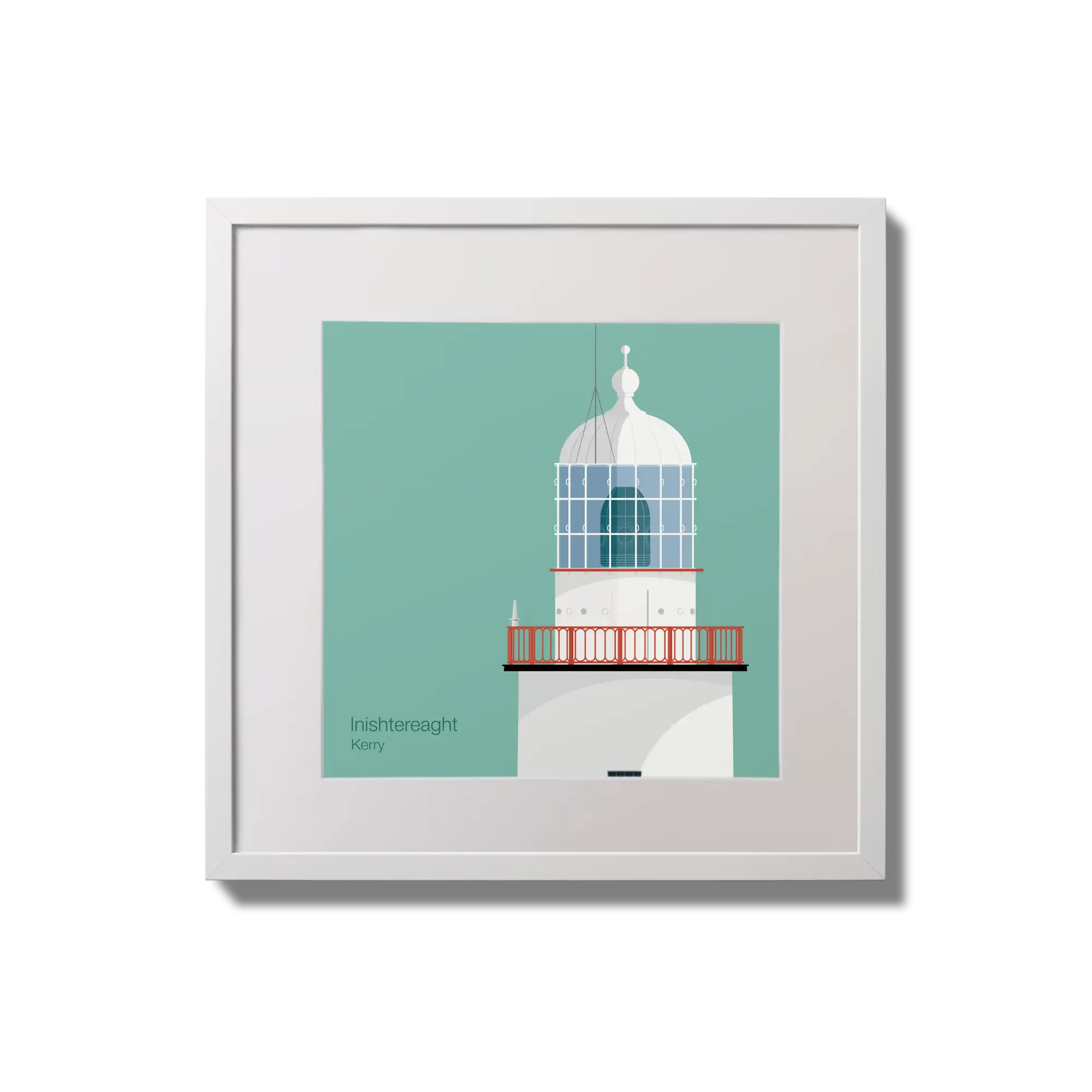 Illustration of Inistearaght lighthouse on an ocean green background,  in a white square frame measuring 20x20cm.