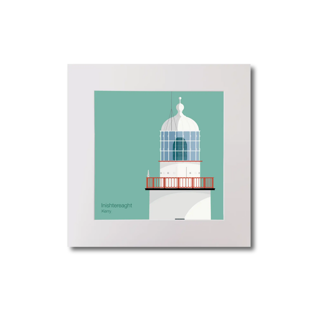 Illustration of Inistearaght lighthouse on an ocean green background, mounted and measuring 20x20cm.