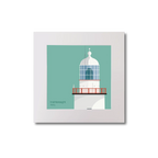 Illustration of Inistearaght lighthouse on an ocean green background, mounted and measuring 20x20cm.