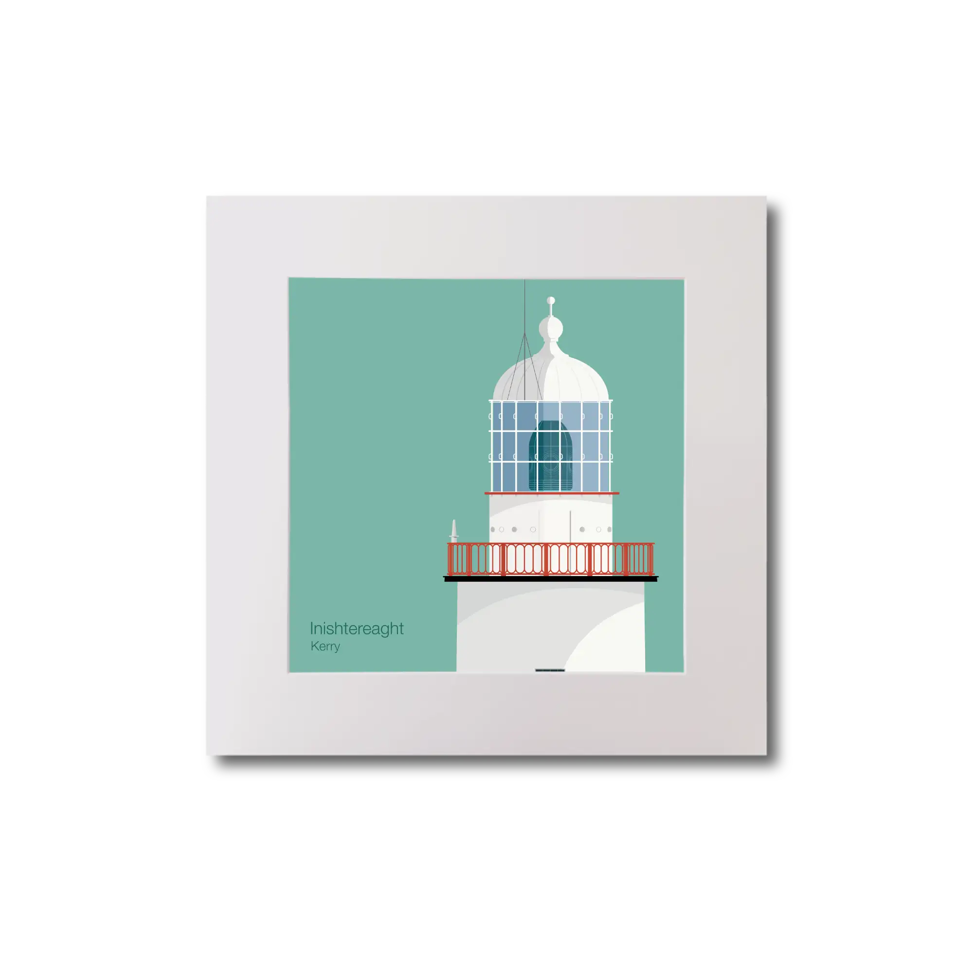 Illustration of Inistearaght lighthouse on an ocean green background, mounted and measuring 20x20cm.