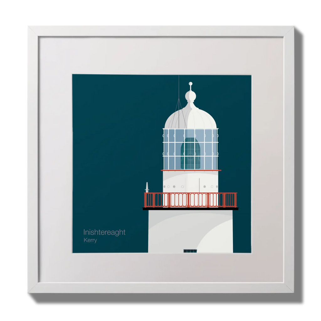 Illustration of Inistearaght lighthouse on a midnight blue background,  in a white square frame measuring 30x30cm.