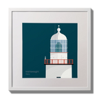 Illustration of Inistearaght lighthouse on a midnight blue background,  in a white square frame measuring 30x30cm.