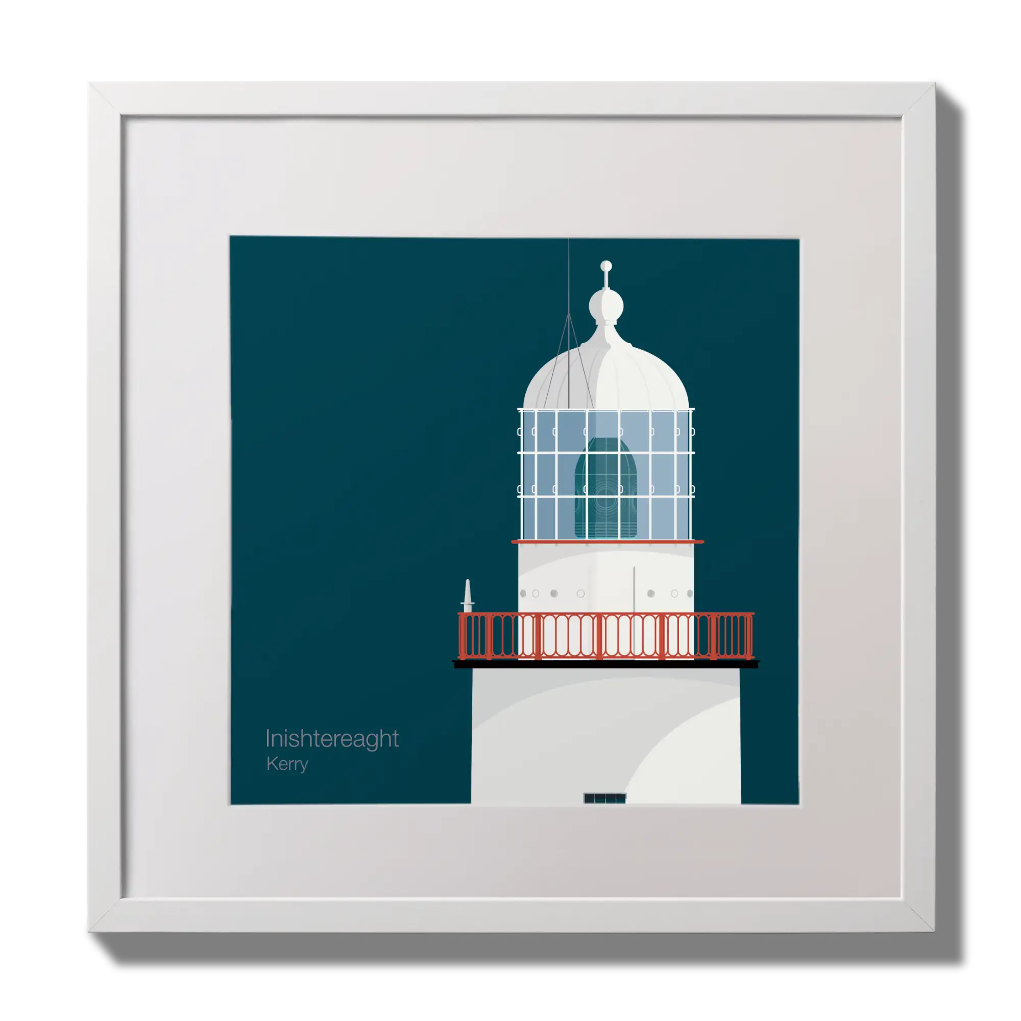 Illustration of Inistearaght lighthouse on a midnight blue background,  in a white square frame measuring 30x30cm.