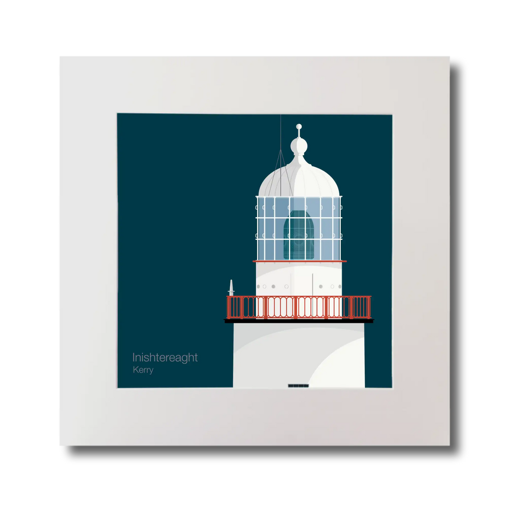 Illustration of Inistearaght lighthouse on a midnight blue background, mounted and measuring 30x30cm.