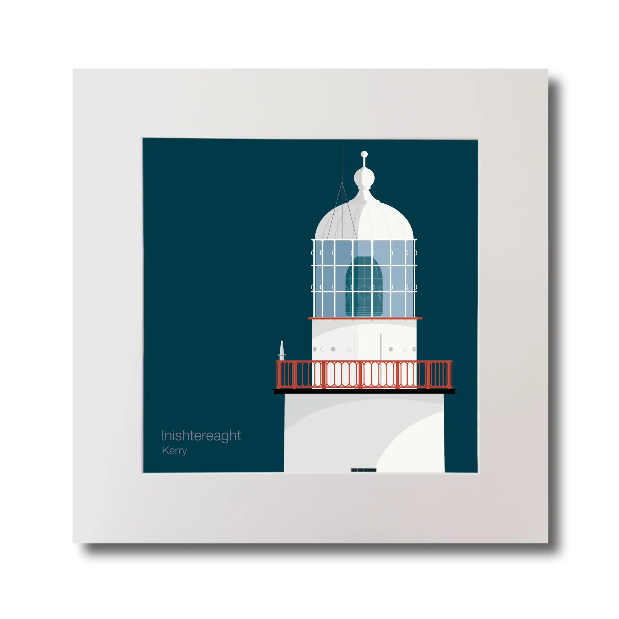 Illustration of Inistearaght lighthouse on a midnight blue background, mounted and measuring 30x30cm.