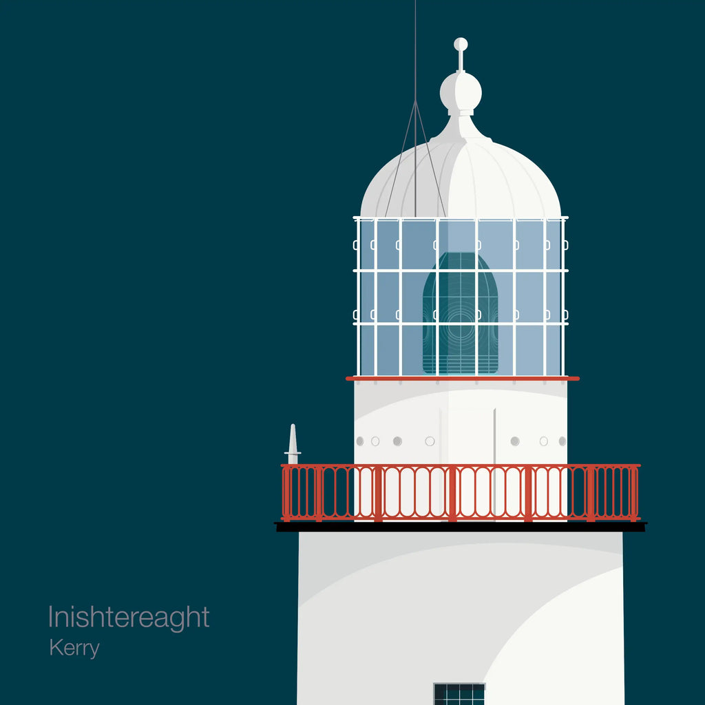 Illustration of Inistearaght lighthouse on a midnight blue background