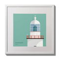 Illustration of Inistearaght lighthouse on an ocean green background,  in a white square frame measuring 30x30cm.