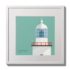 Illustration of Inistearaght lighthouse on an ocean green background,  in a white square frame measuring 30x30cm.