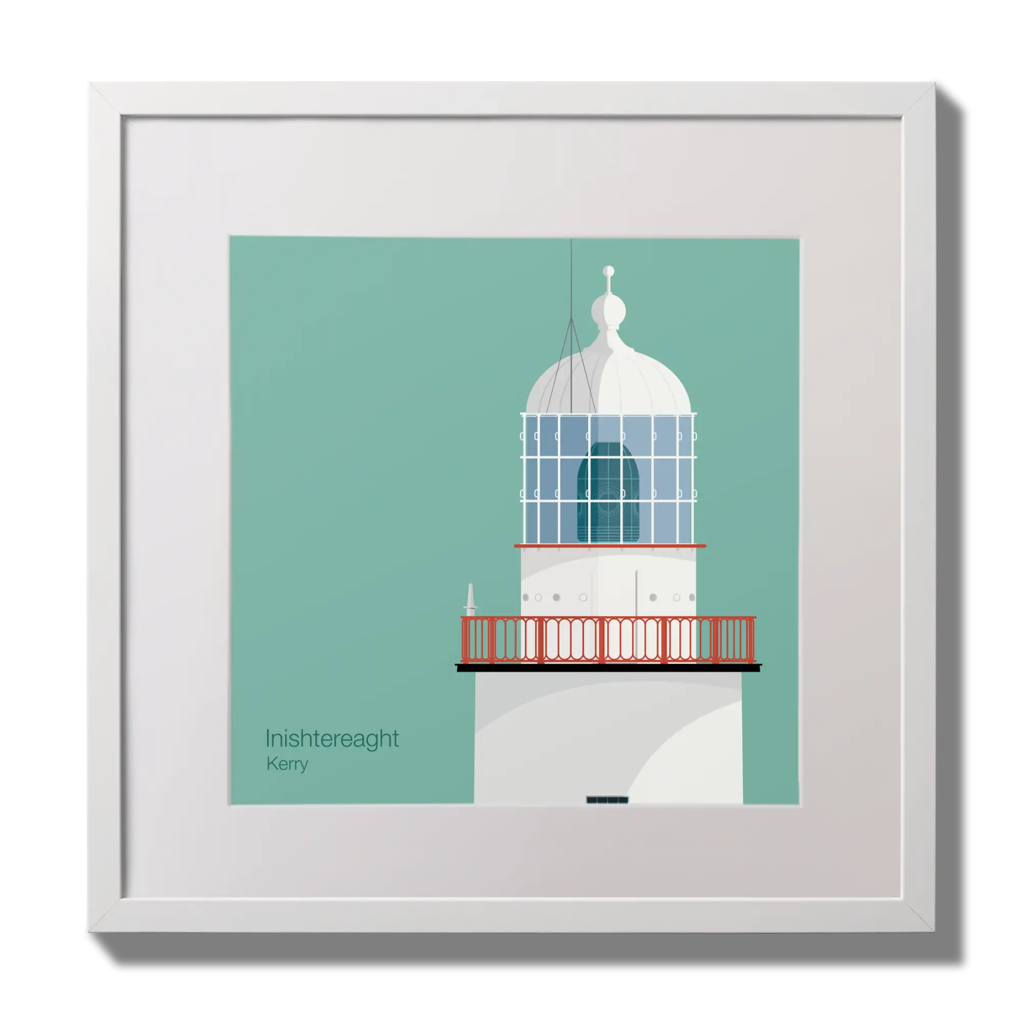 Illustration of Inistearaght lighthouse on an ocean green background,  in a white square frame measuring 30x30cm.