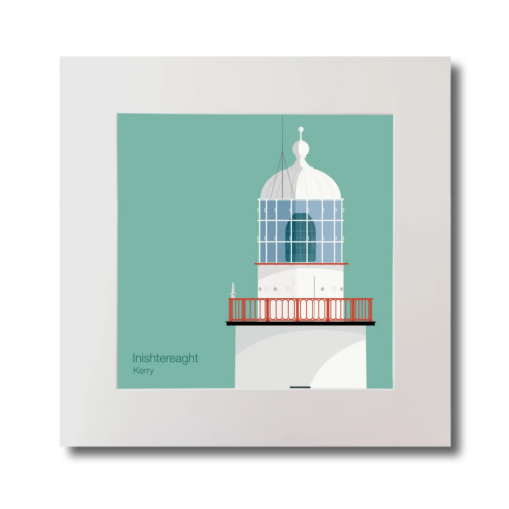 Illustration of Inistearaght lighthouse on an ocean green background, mounted and measuring 30x30cm.