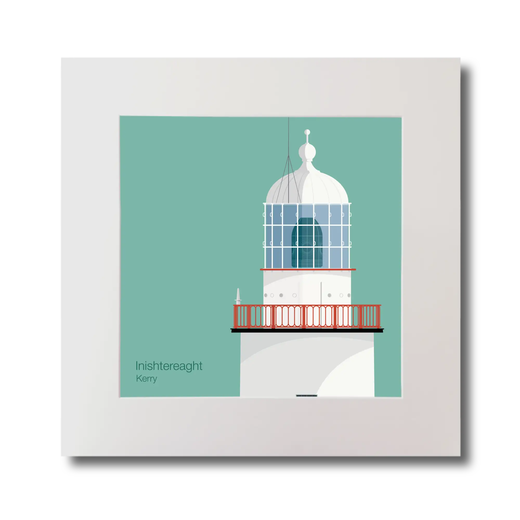 Illustration of Inistearaght lighthouse on an ocean green background, mounted and measuring 30x30cm.