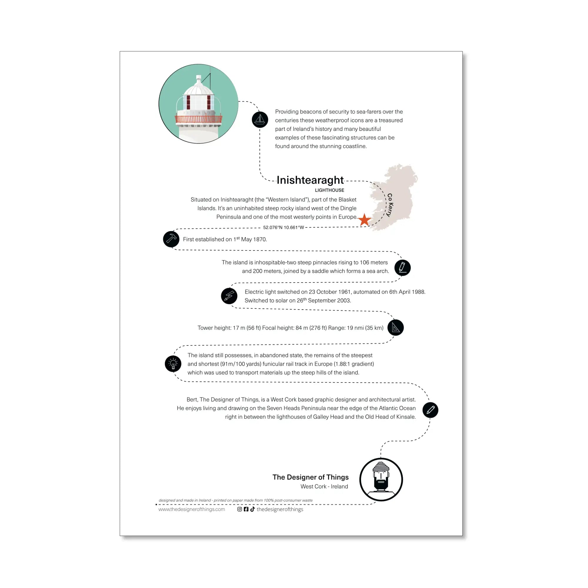 Inistearaght lighthouse, County Kerry, Ireland info sheet
