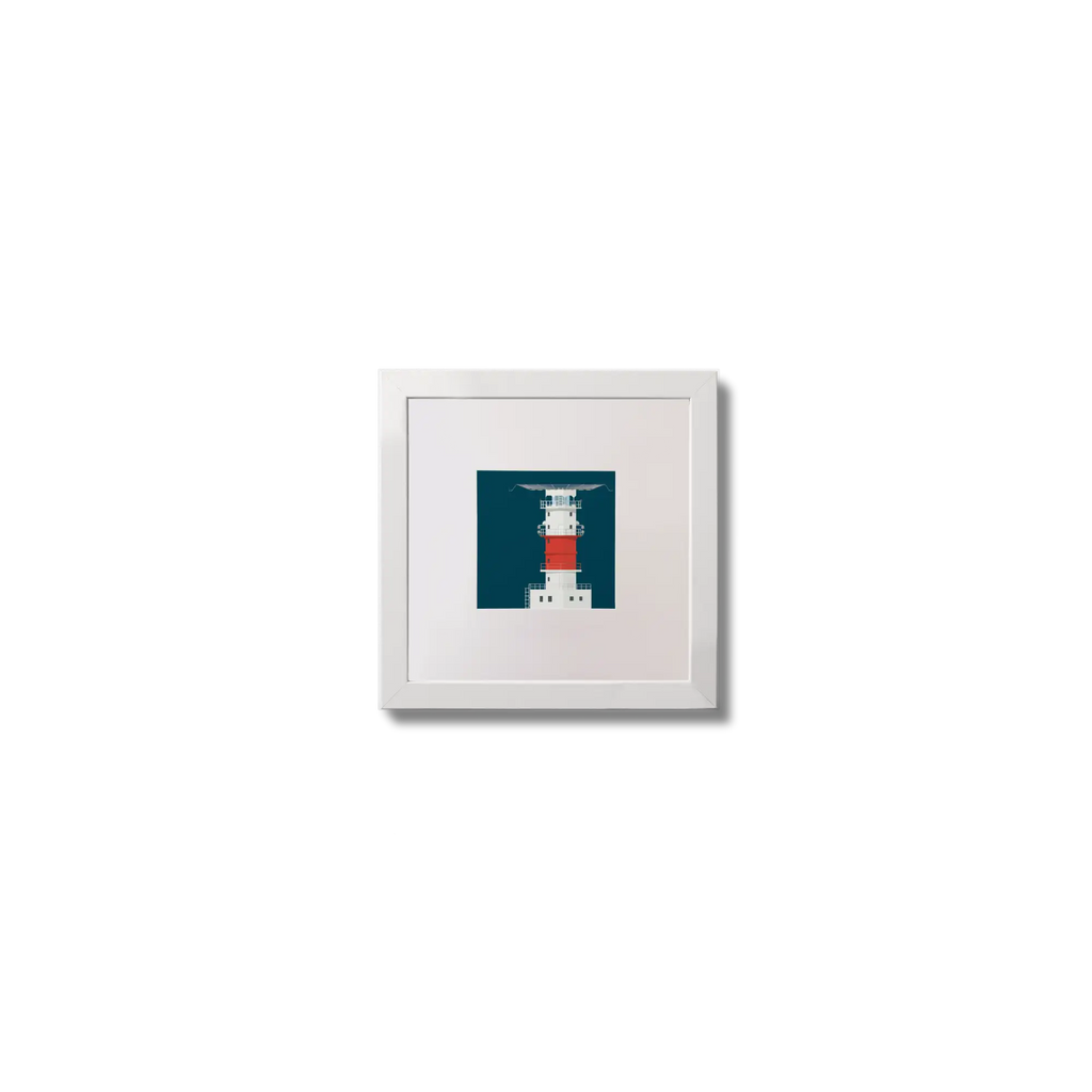 Illustration of Kish lighthouse on a midnight blue background,  in a white square frame measuring 10x10cm.