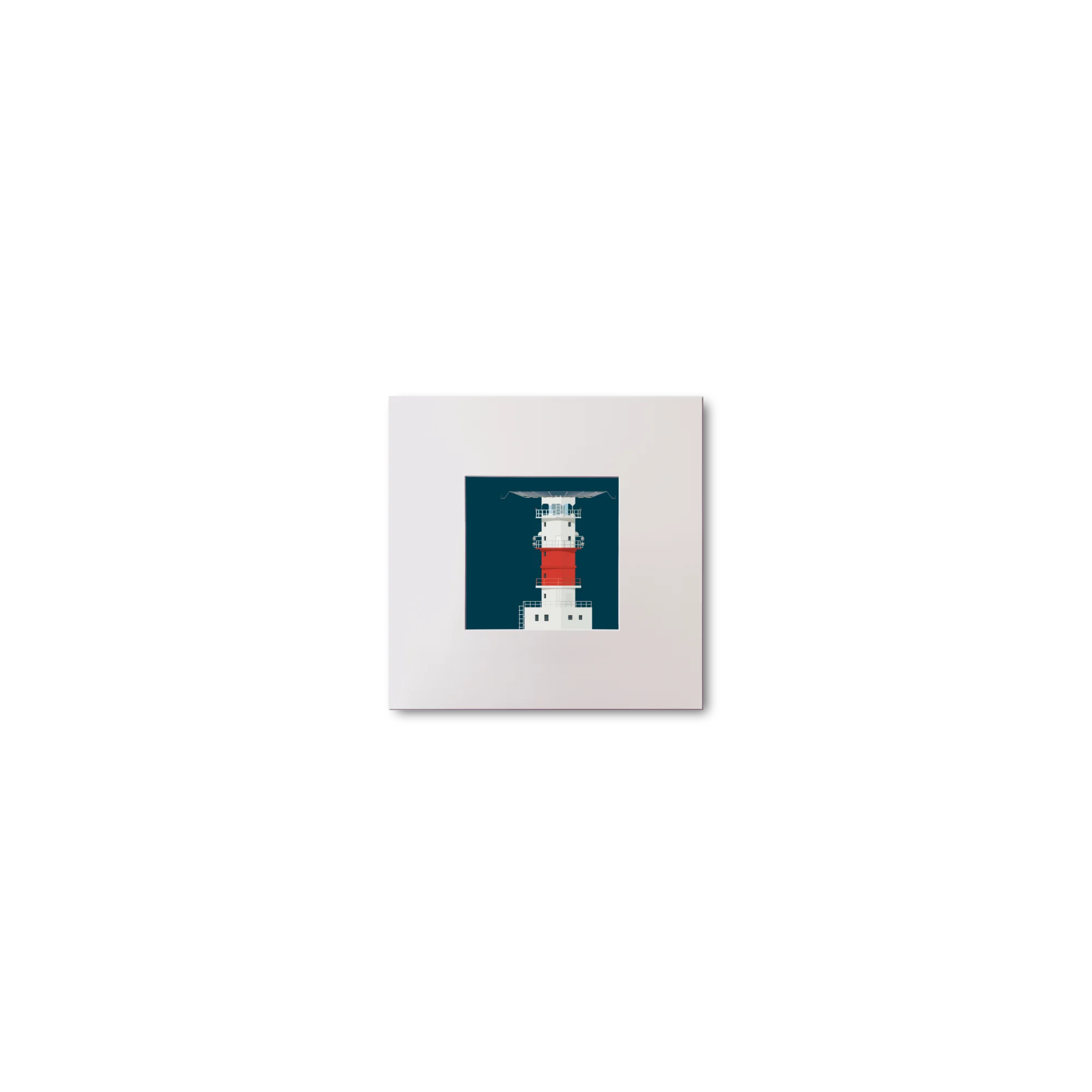 Illustration of Kish lighthouse on a midnight blue background, mounted and measuring 10x10cm.