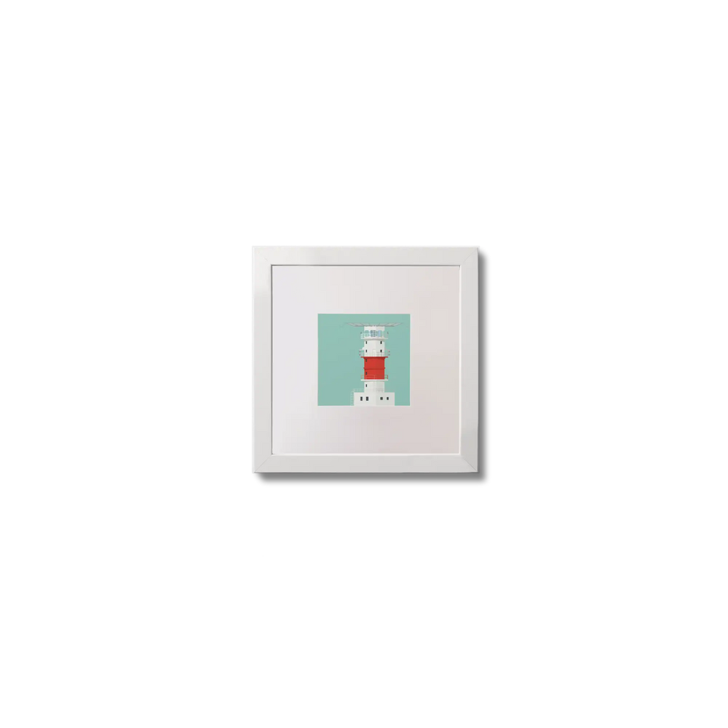 Illustration of Kish lighthouse on an ocean green background,  in a white square frame measuring 10x10cm.