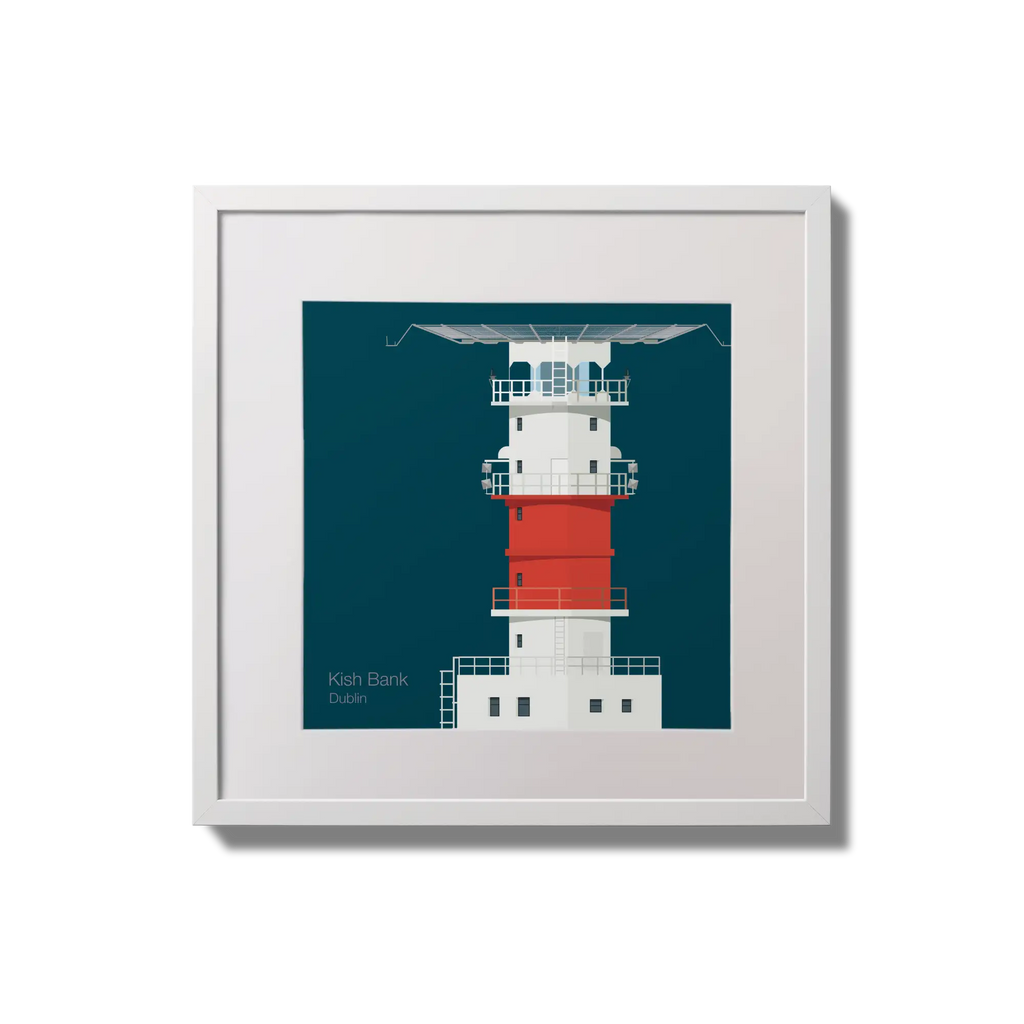 Illustration of Kish lighthouse on a midnight blue background,  in a white square frame measuring 20x20cm.