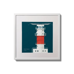 Illustration of Kish lighthouse on a midnight blue background,  in a white square frame measuring 20x20cm.
