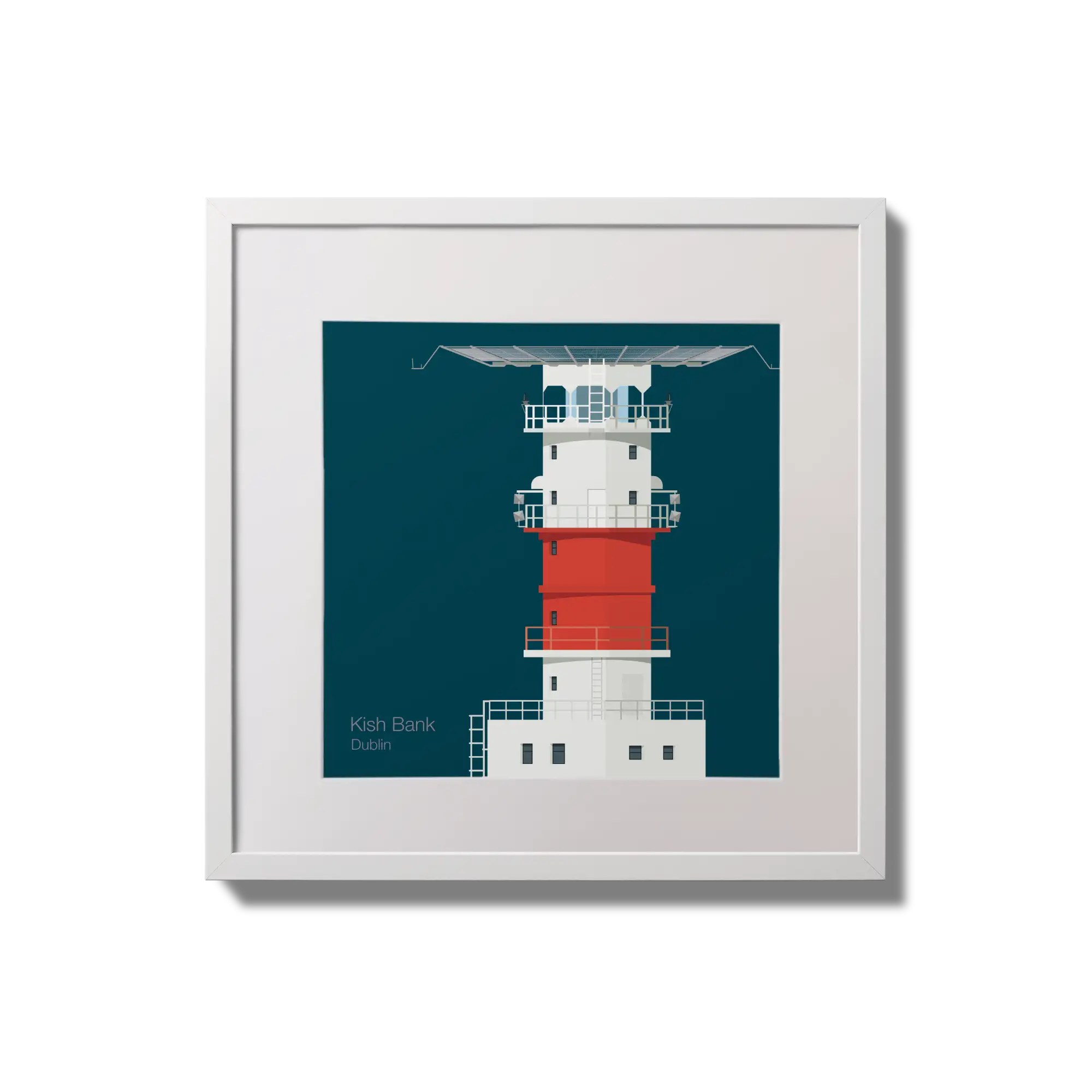 Illustration of Kish lighthouse on a midnight blue background,  in a white square frame measuring 20x20cm.