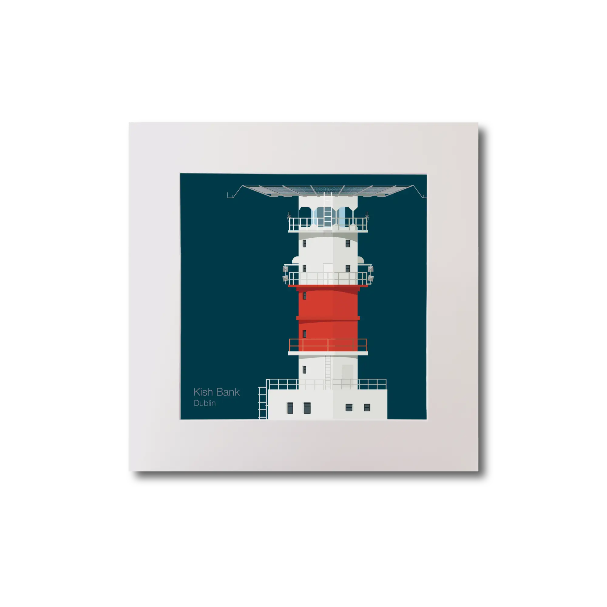 Illustration of Kish lighthouse on a midnight blue background, mounted and measuring 20x20cm.