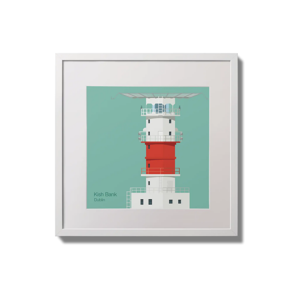 Illustration of Kish lighthouse on an ocean green background,  in a white square frame measuring 20x20cm.
