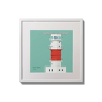 Illustration of Kish lighthouse on an ocean green background,  in a white square frame measuring 20x20cm.