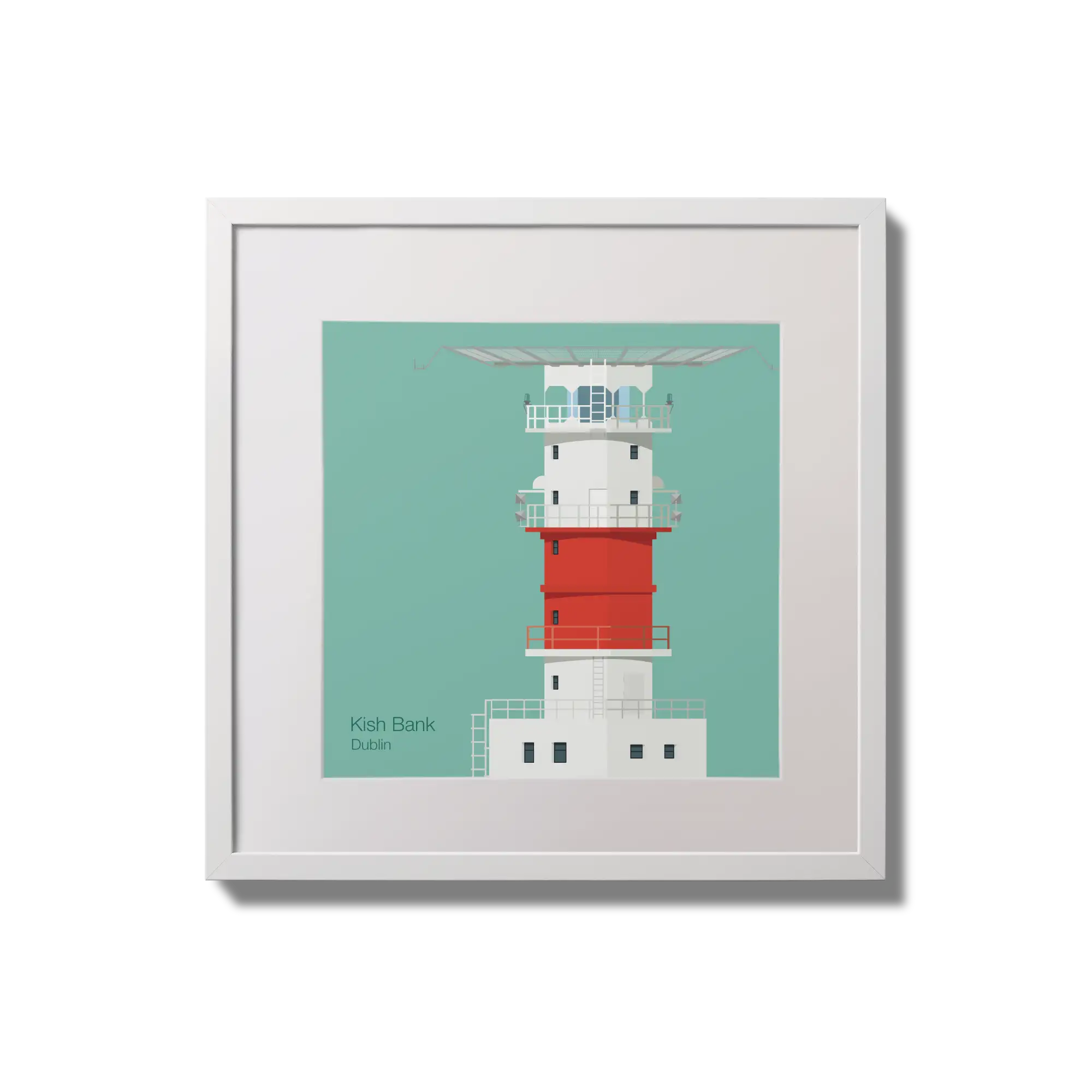 Illustration of Kish lighthouse on an ocean green background,  in a white square frame measuring 20x20cm.