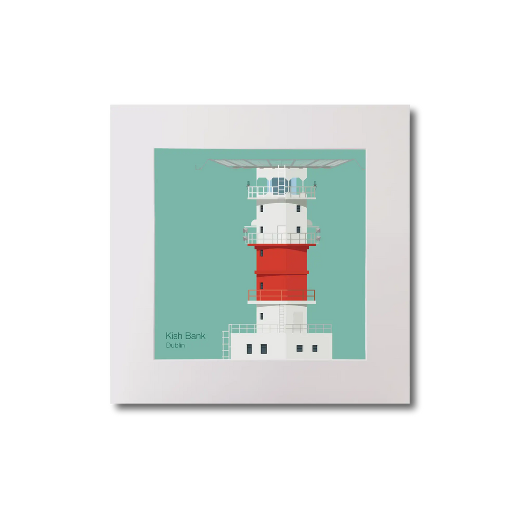 Illustration of Kish lighthouse on an ocean green background, mounted and measuring 20x20cm.