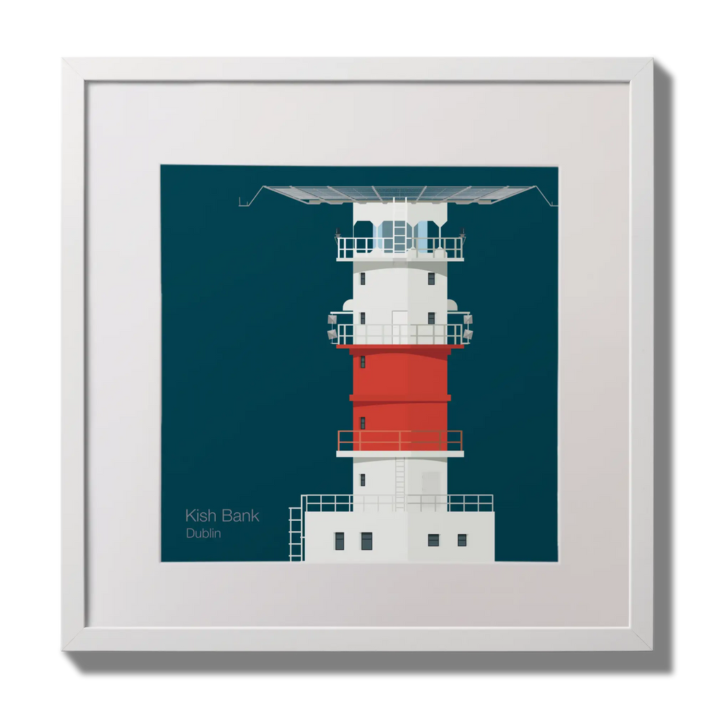 Illustration of Kish lighthouse on a midnight blue background,  in a white square frame measuring 30x30cm.