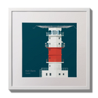 Illustration of Kish lighthouse on a midnight blue background,  in a white square frame measuring 30x30cm.