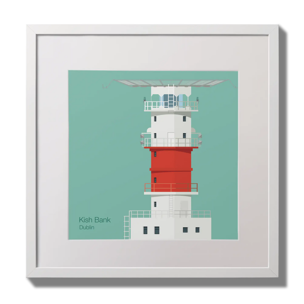 Illustration of Kish lighthouse on an ocean green background,  in a white square frame measuring 30x30cm.