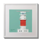 Illustration of Kish lighthouse on an ocean green background,  in a white square frame measuring 30x30cm.