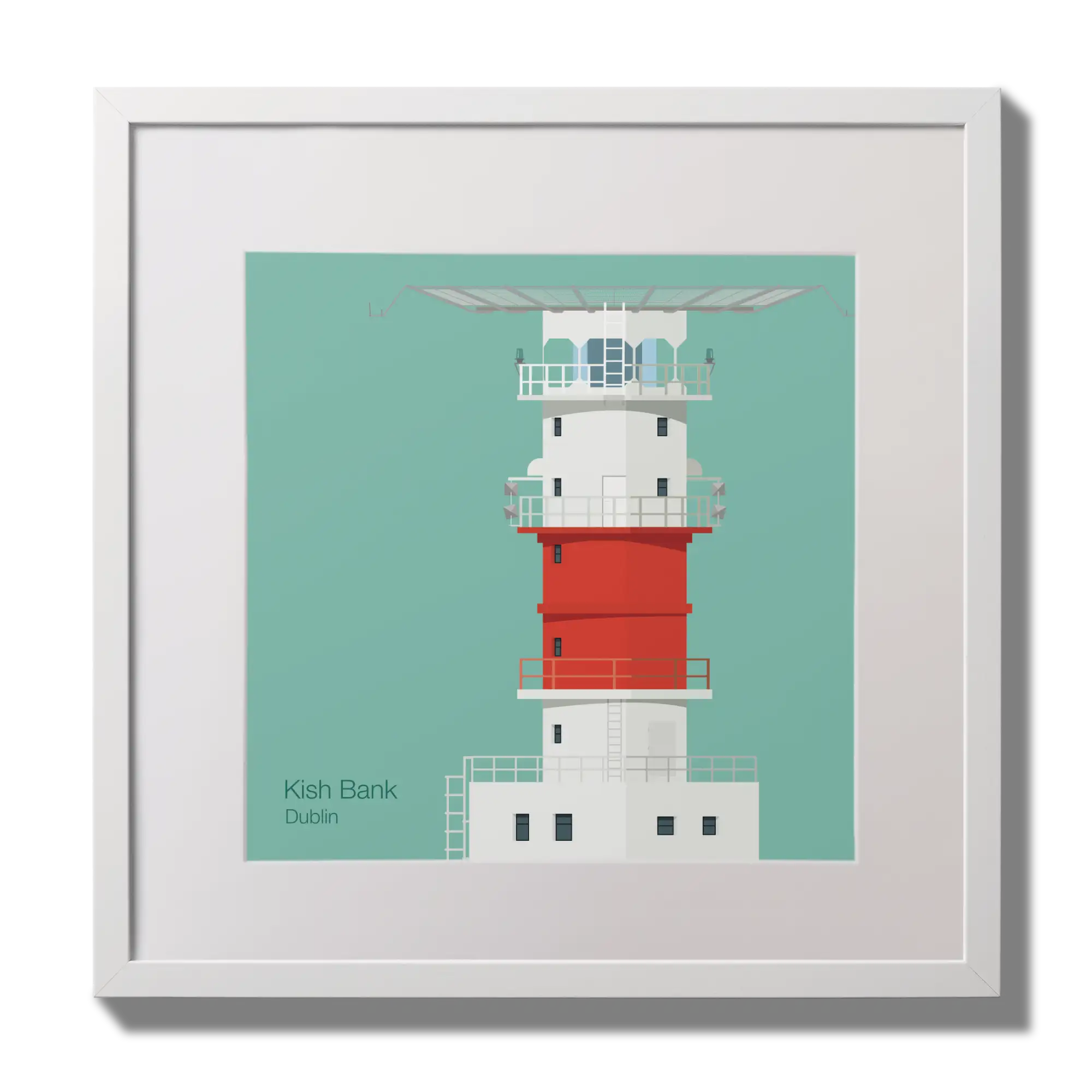 Illustration of Kish lighthouse on an ocean green background,  in a white square frame measuring 30x30cm.