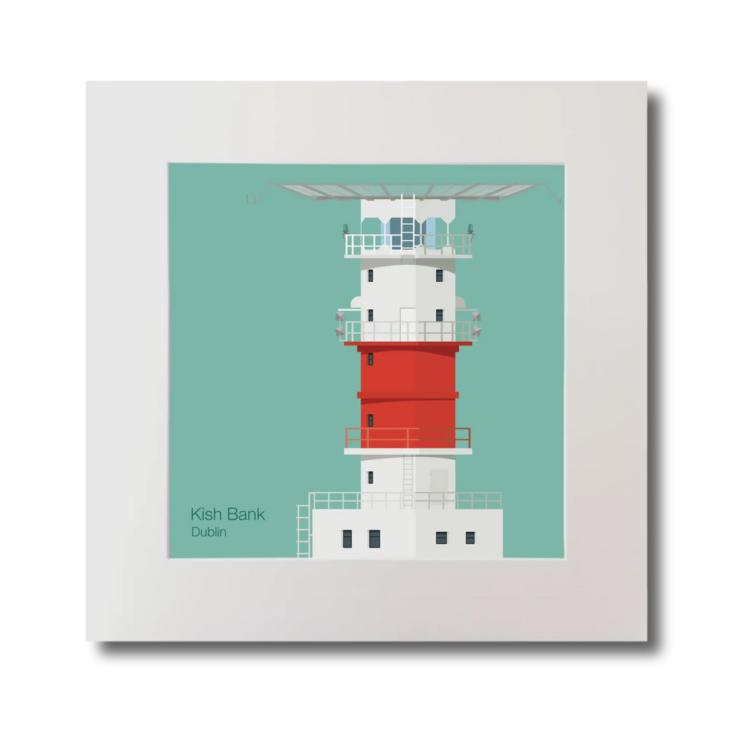 Illustration of Kish lighthouse on an ocean green background, mounted and measuring 30x30cm.
