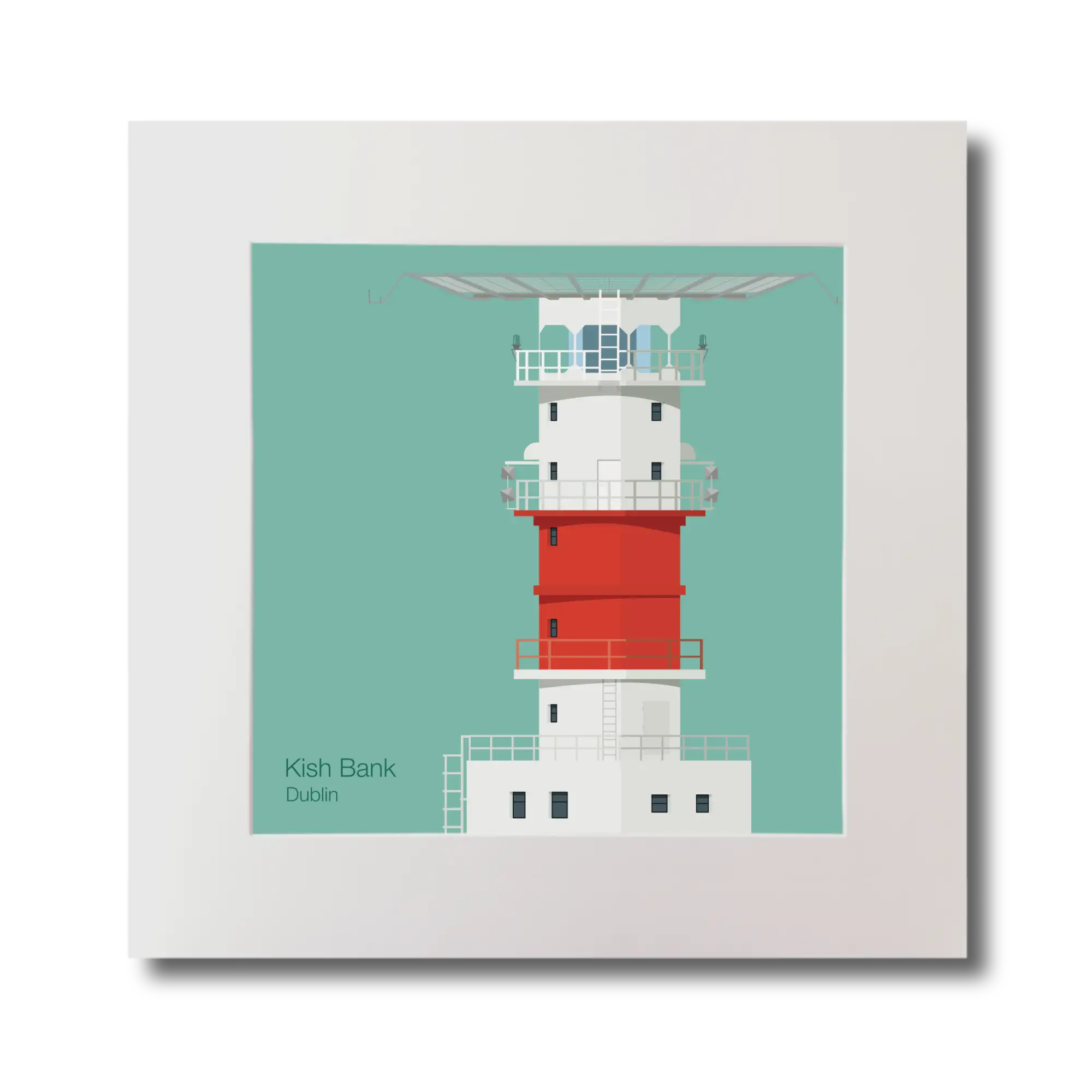 Illustration of Kish lighthouse on an ocean green background, mounted and measuring 30x30cm.