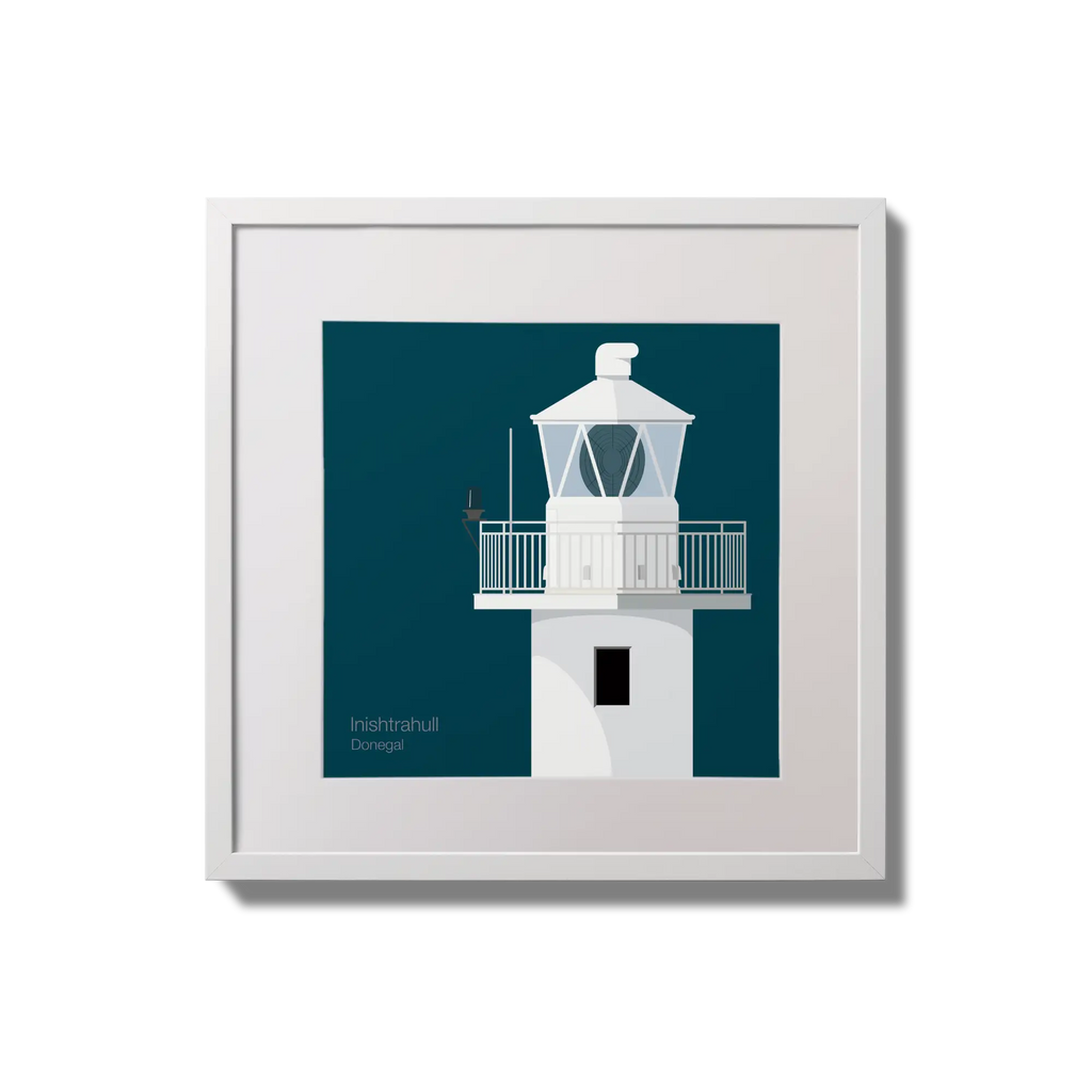 Illustration of Inishtrahull lighthouse on a midnight blue background,  in a white square frame measuring 20x20cm.