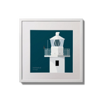 Illustration of Inishtrahull lighthouse on a midnight blue background,  in a white square frame measuring 20x20cm.