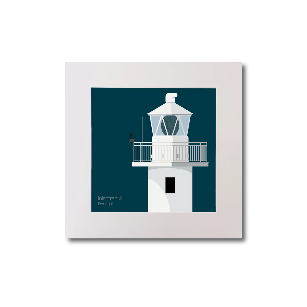 Illustration of Inishtrahull lighthouse on a midnight blue background, mounted and measuring 20x20cm.