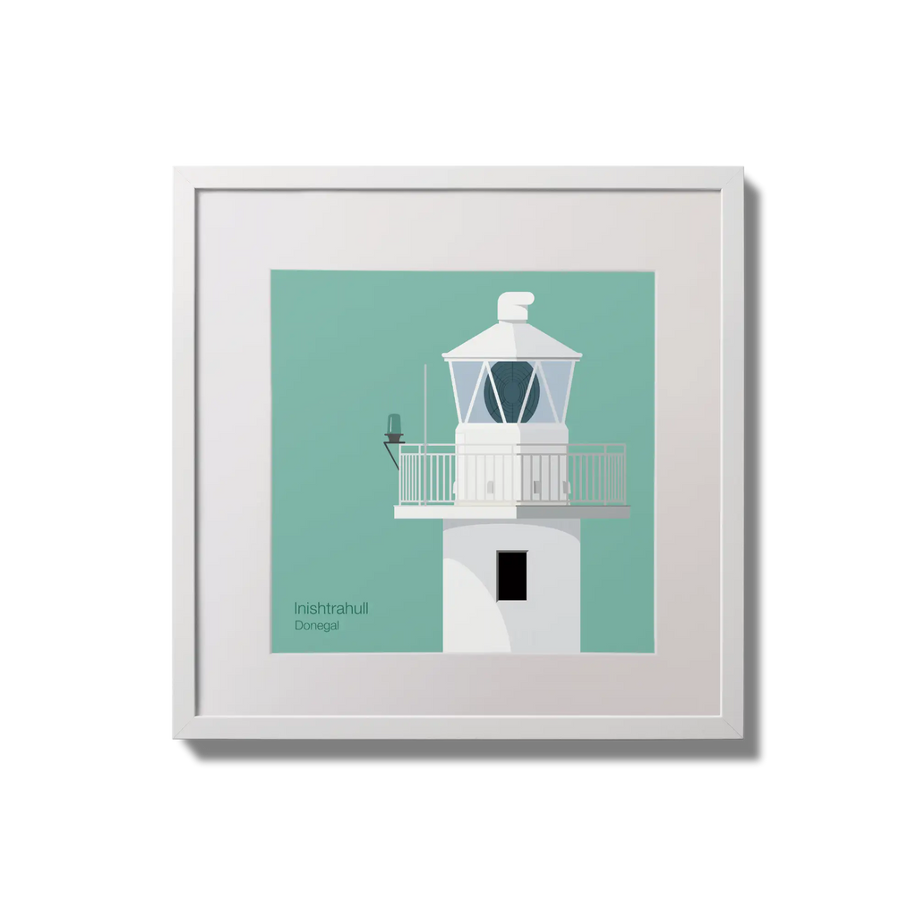 Illustration of Inishtrahull lighthouse on an ocean green background,  in a white square frame measuring 20x20cm.