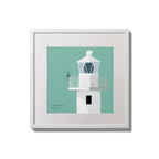 Illustration of Inishtrahull lighthouse on an ocean green background,  in a white square frame measuring 20x20cm.