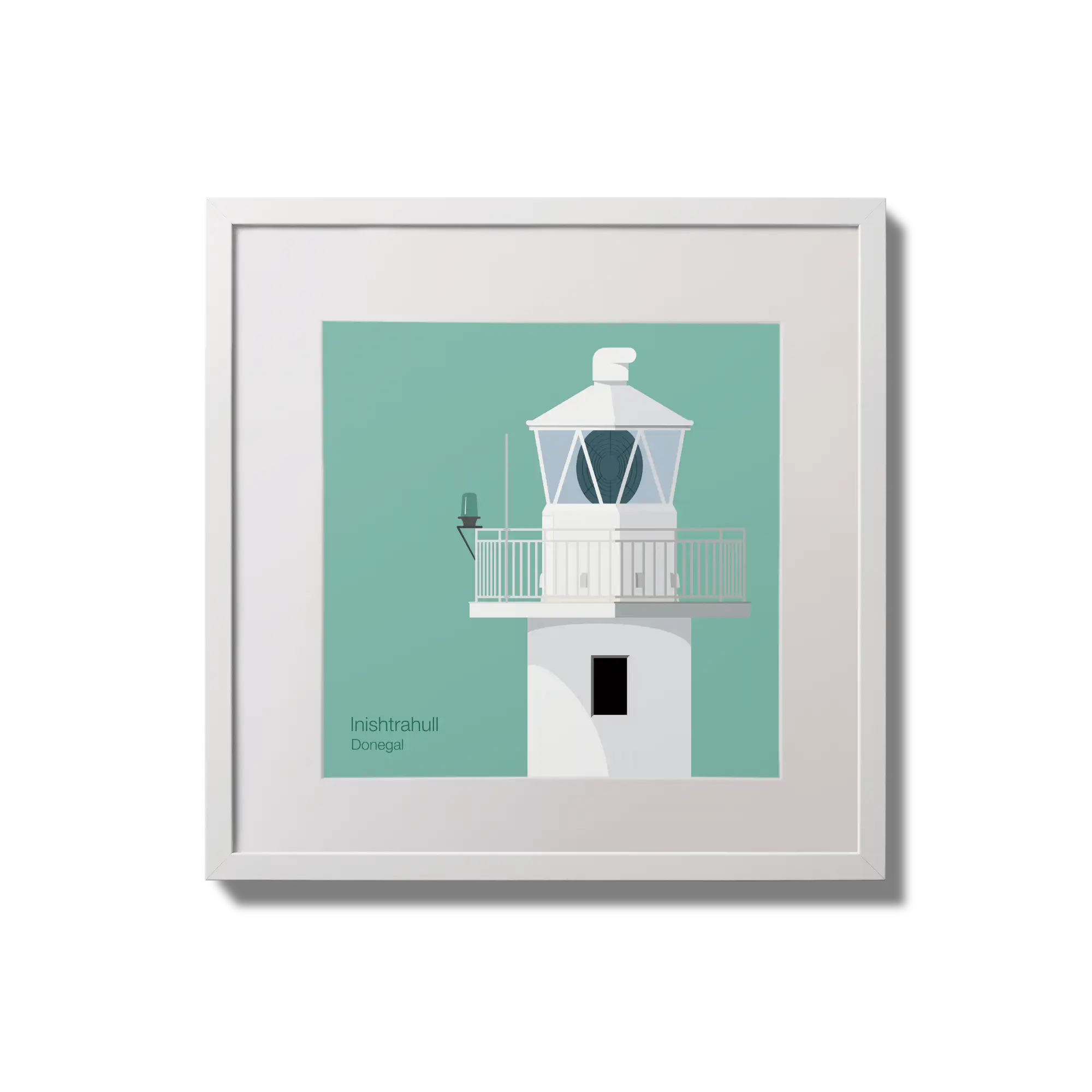 Illustration of Inishtrahull lighthouse on an ocean green background,  in a white square frame measuring 20x20cm.