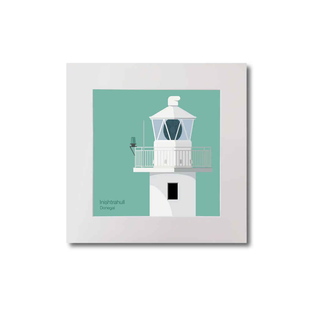 Illustration of Inishtrahull lighthouse on an ocean green background, mounted and measuring 20x20cm.