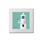 Illustration of Inishtrahull lighthouse on an ocean green background, mounted and measuring 20x20cm.