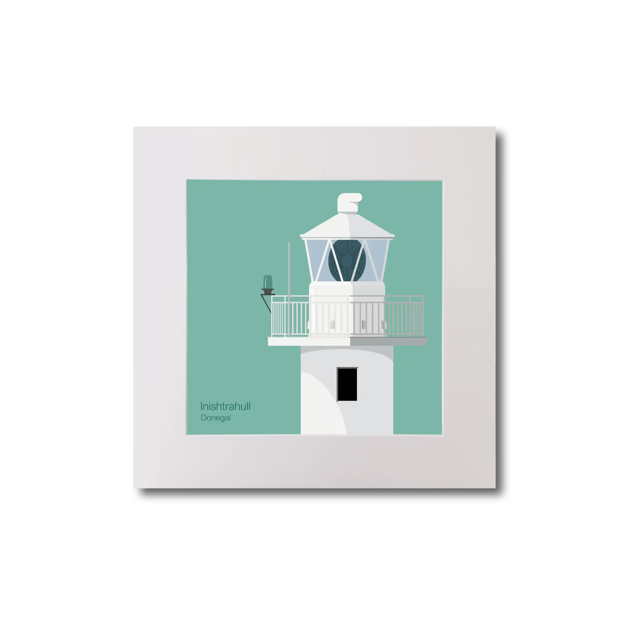 Illustration of Inishtrahull lighthouse on an ocean green background, mounted and measuring 20x20cm.
